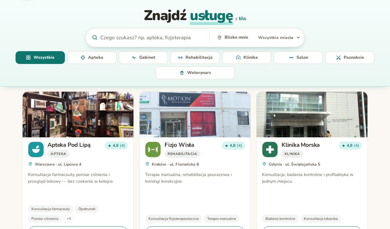 Strona główna tils.pl: pasek wyszukiwania, filtry branż i kafelki firm ze zdjęciem, oceną, adresem i listą usług